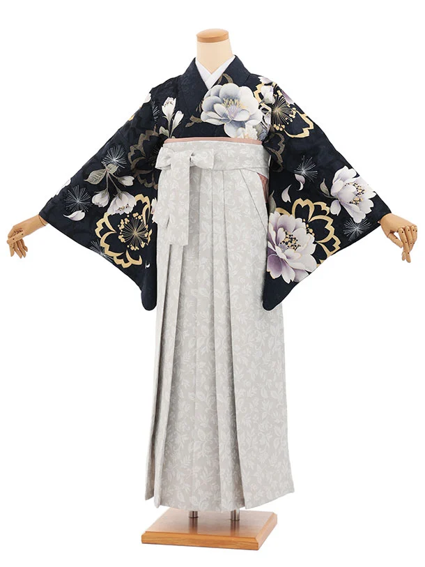 先生,教員向け袴レンタルT243　濃紺牡丹×薄グレー花