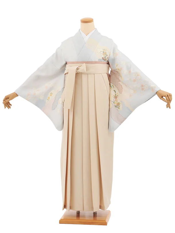 先生,教員向け袴レンタルT248　水色雲取りに桜×ベージュ