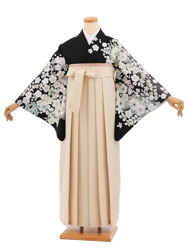 先生,教員向け袴レンタルT252　黒地辻が花調×ベージュ