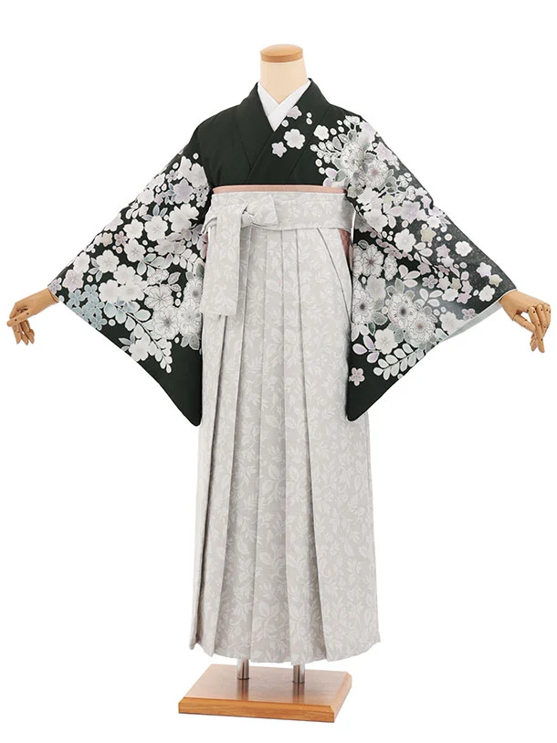 先生,教員向け袴レンタルT254　深緑辻が花調×薄グレー花