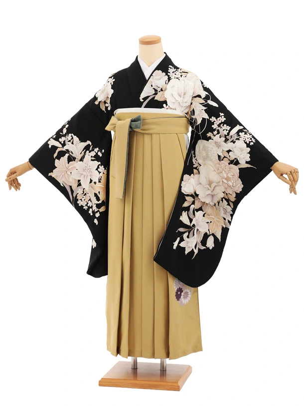 卒業袴T257黒地花×ペールマスタード　