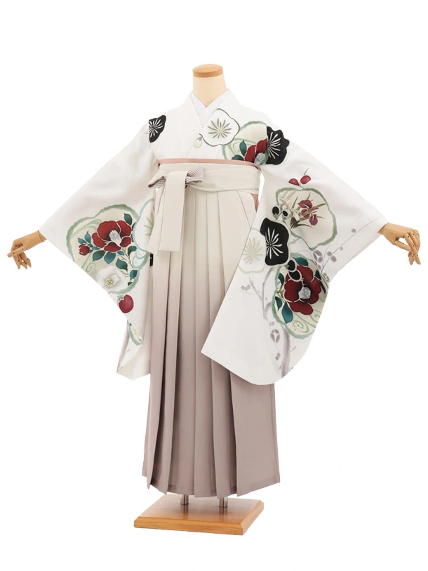 卒業袴T275白地梅椿×クリームぼかし　　