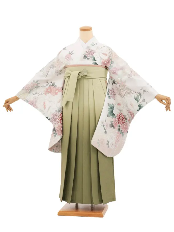 卒業袴T276白地まりに花×グリーンぼかし　