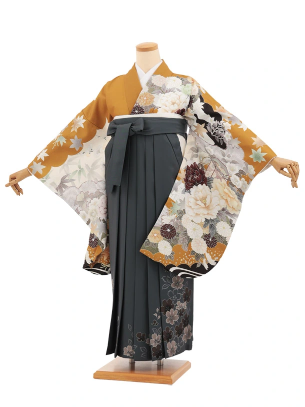 卒業袴T278金茶古典花×グレー花　
