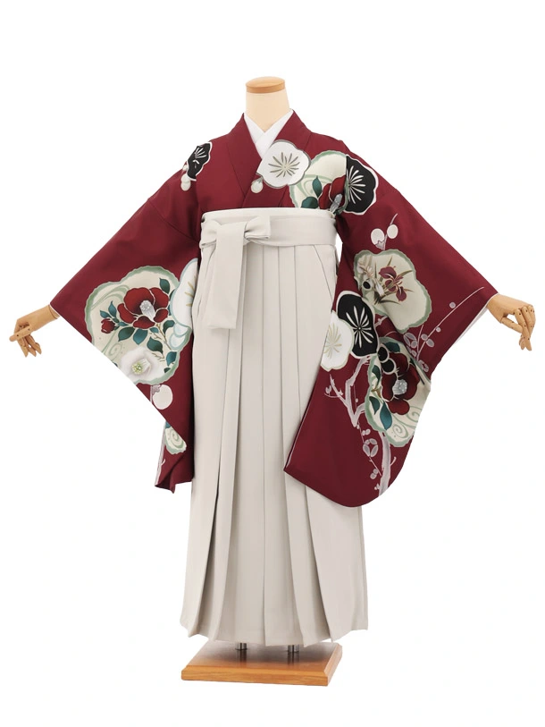 卒業袴T285ボルドー梅椿×ベージュレザー調　　　