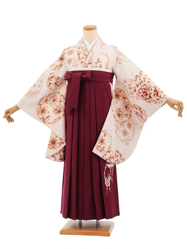 先生,教員向け袴レンタルT290淡サーモンピンク雪輪花×ワイン　