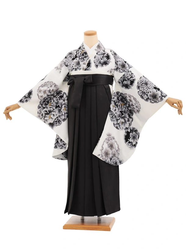 卒業袴T295白地雪輪花×黒レザー調　　