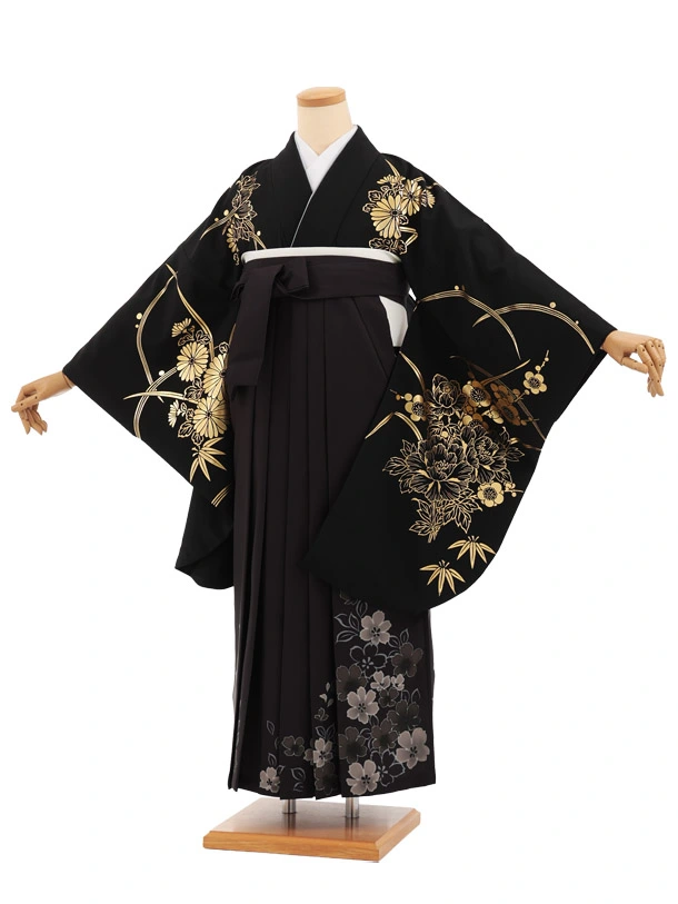 卒業袴T296黒地金彩ぼたん×黒花　