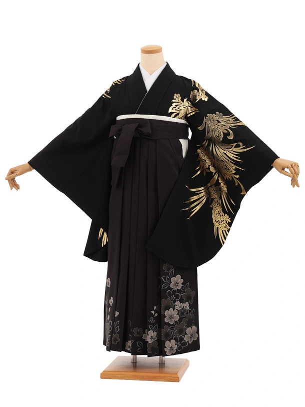卒業袴T297黒地金彩ぼたん×黒花　　