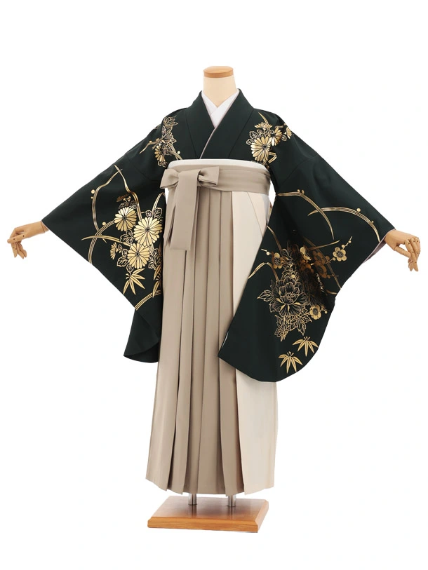 卒業袴T298深緑金彩ぼたん×クリームグリーンセパレート　