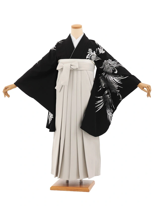 卒業袴T301黒地銀彩花×ベージュレザー調　　