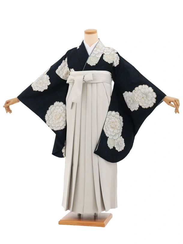 先生,教員向け袴レンタルT303ネイビー花×ベージュレザー調　