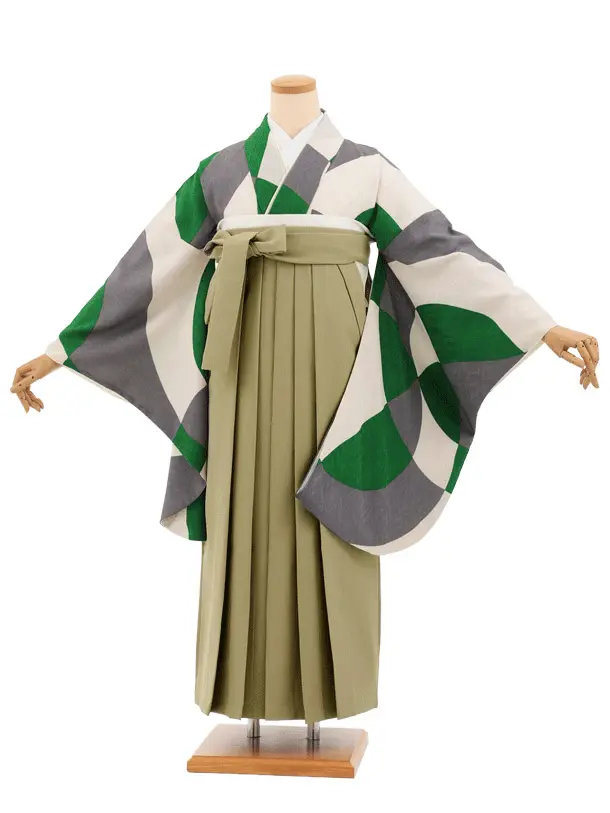 卒業袴T304クリームグレー幾何学×カーキベージュ　