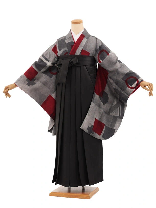 卒業袴T305グレー赤幾何学×グレー　