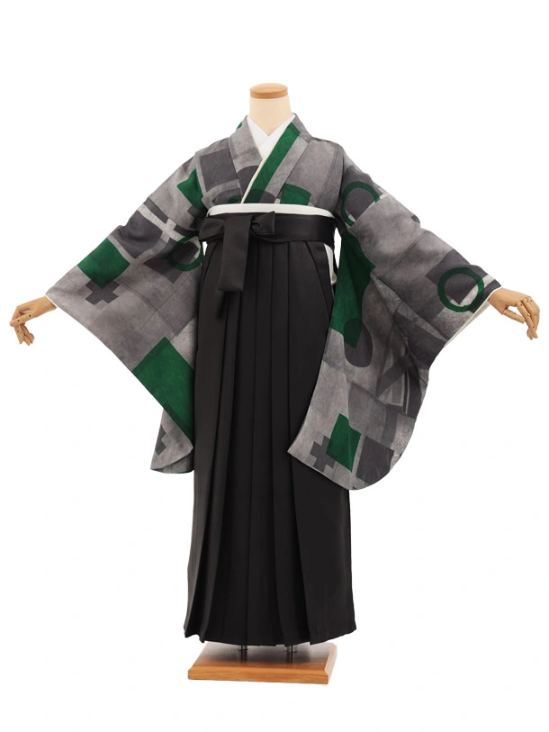 卒業袴T306グレー緑幾何学×グレー　