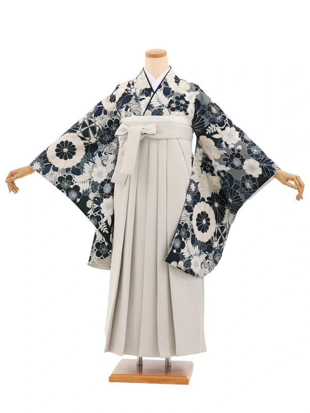 卒業袴T307紺地花づくし×ベージュレザー調　