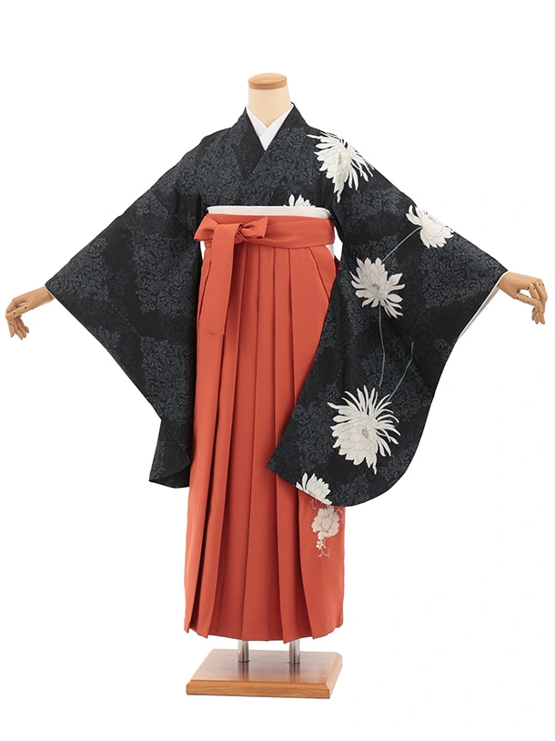卒業袴T325黒グレーダマスク柄に花×オレンジ　