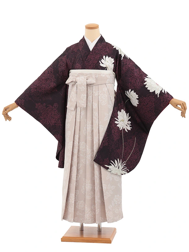 先生,教員向け袴レンタルT327黒パールダマスク柄に花×ベージュ花　　