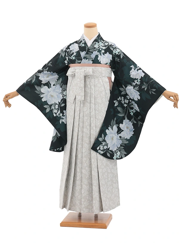 先生,教員向け袴レンタルT329ダークグリーン花グレー花　