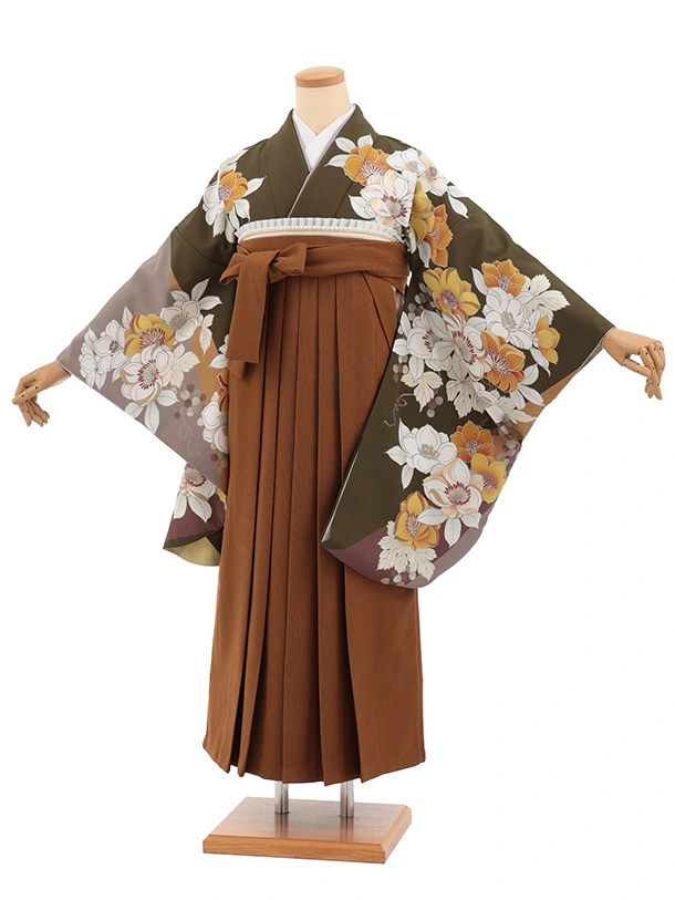 卒業袴T330カーキグリーン花×キャラメルブラウンコーデュロイ　