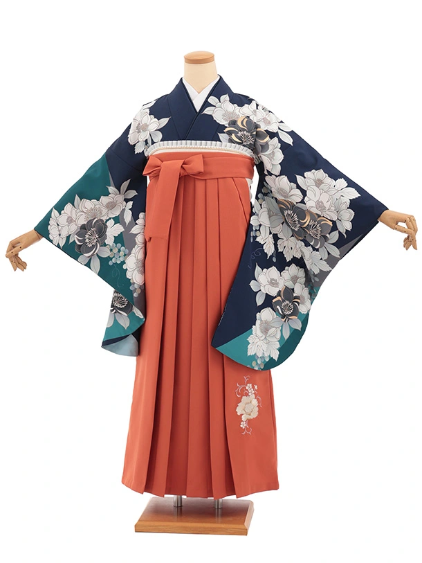 卒業袴T332紺地花×オレンジ　