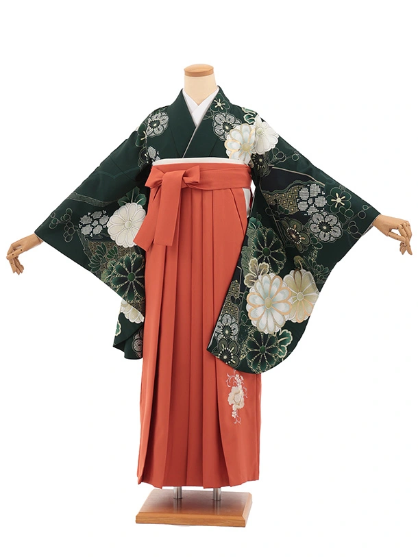 卒業袴T333ダークグリーン菊梅×オレンジ　