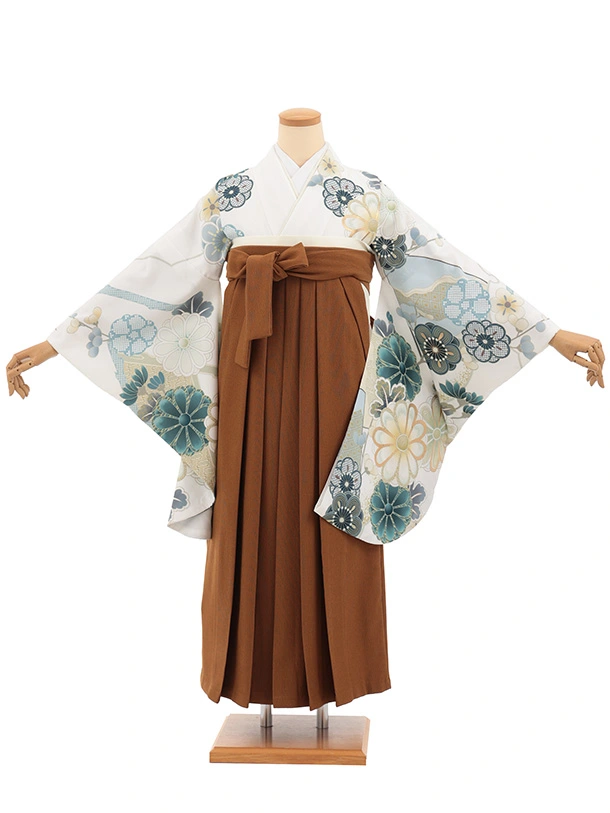 卒業袴T336白地菊梅×キャラメルブラウンコーデュロイ　