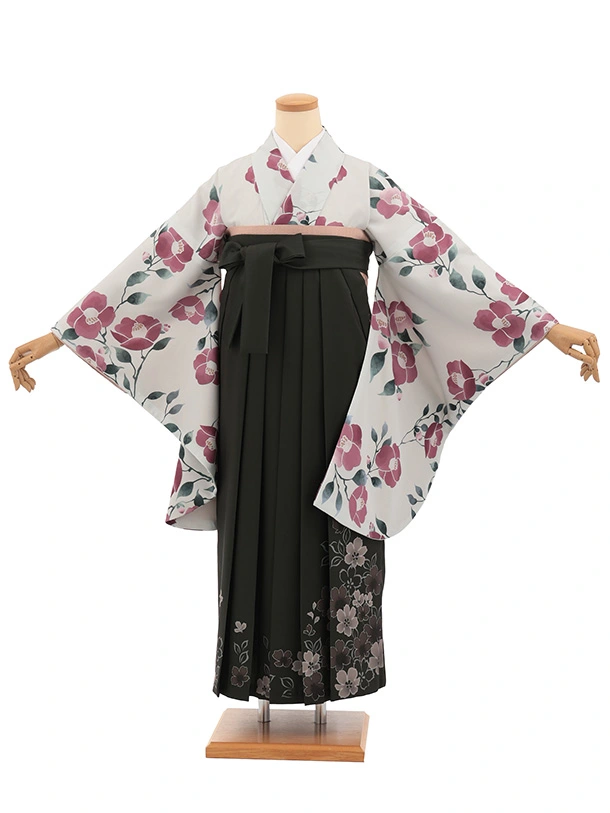 卒業袴T341淡グレー椿×深緑花　