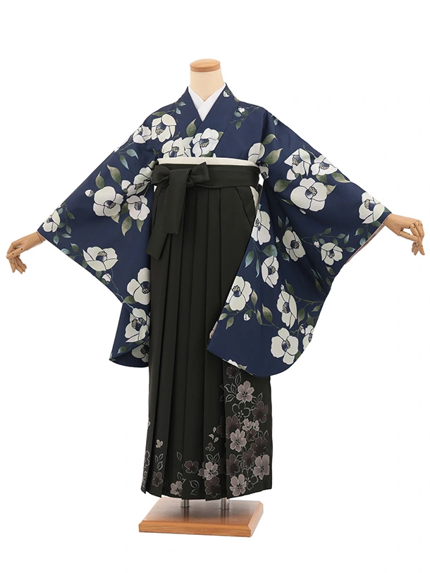 卒業袴T342紺地椿×深緑花　