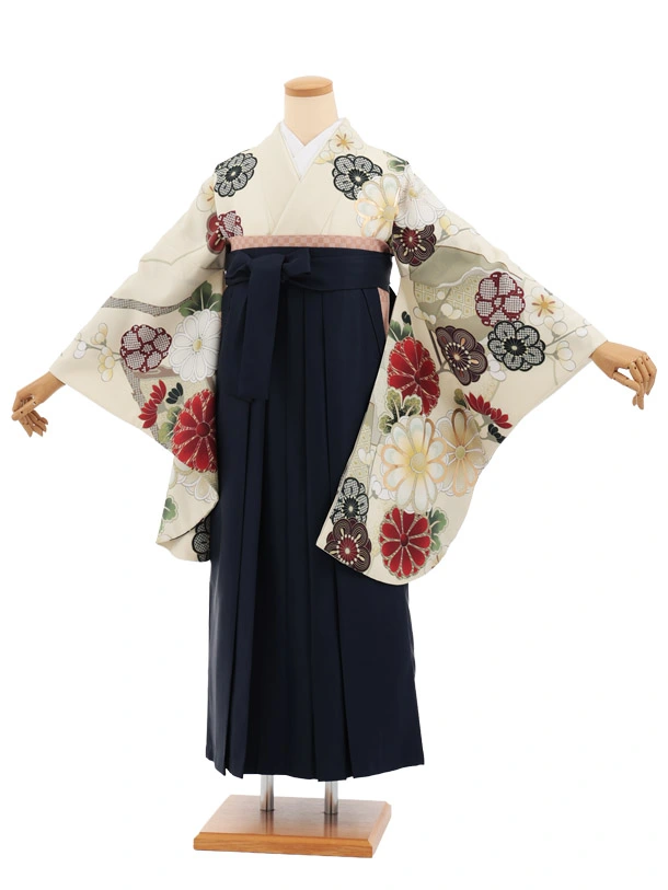 卒業式袴レンタルT408  クリームベージュ古典花×紺