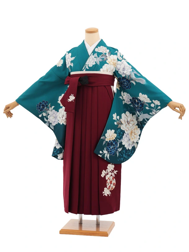 卒業式袴レンタルT416 ターコーズ花×ボルドー