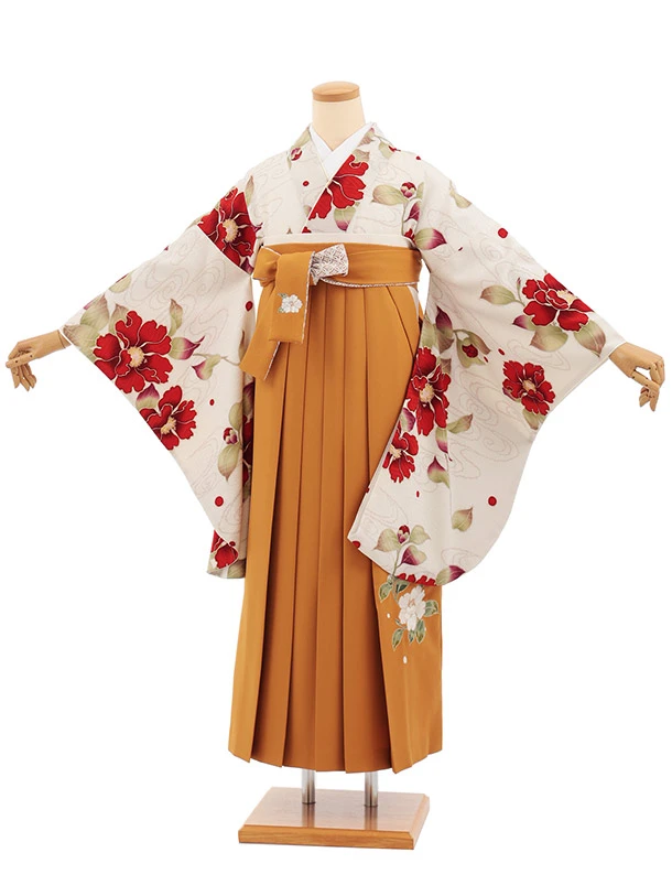 卒業式袴レンタルT421 九重 うすベージュ花跡 × からし