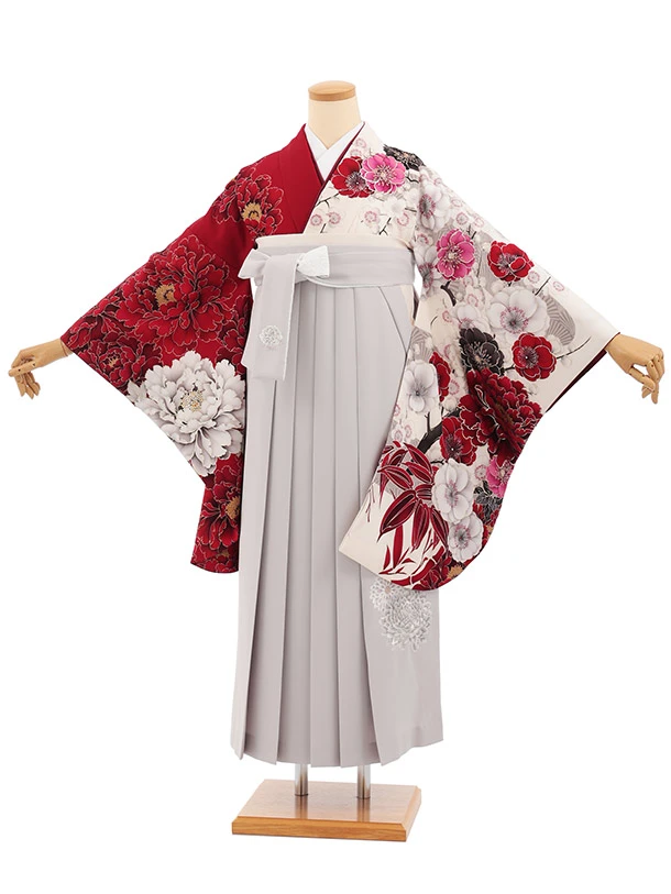 卒業式袴T455 華徒然 赤クリーム片身替りぼたん × うすグレー