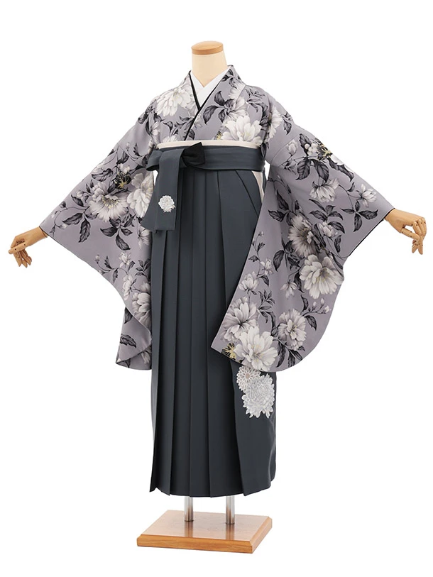 卒業式袴T461 華徒然 パープルグレー春の花 × グレー