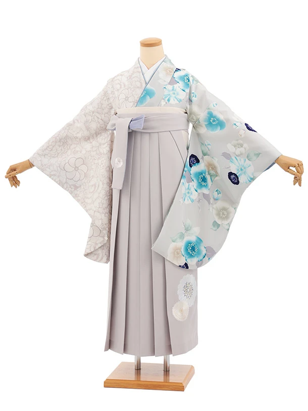 卒業式袴T474 JAPAN STYLE グレー片身替り椿 × グレー