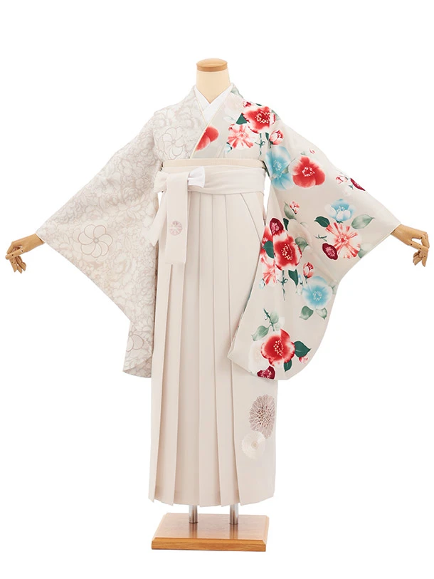 卒業式袴T476 JAPAN STYLE ベージュ片身替り椿 × アイボリー