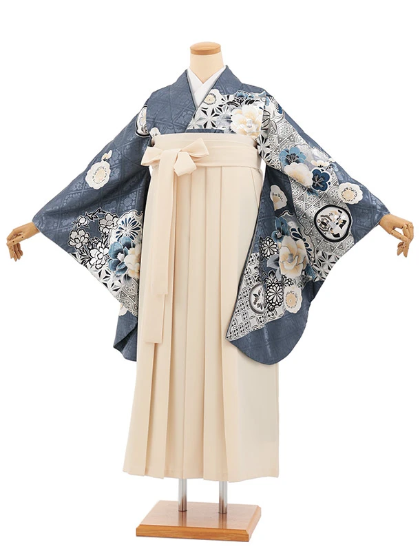 【ふくよかサイズ】卒業式袴T497 グレー古典雪輪椿 × クリーム