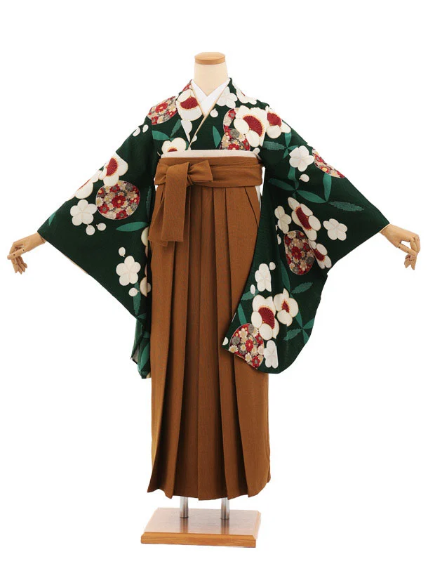 卒業式袴レンタルT501 グリーン梅花丸×キャメルブラウンコーデュロイ