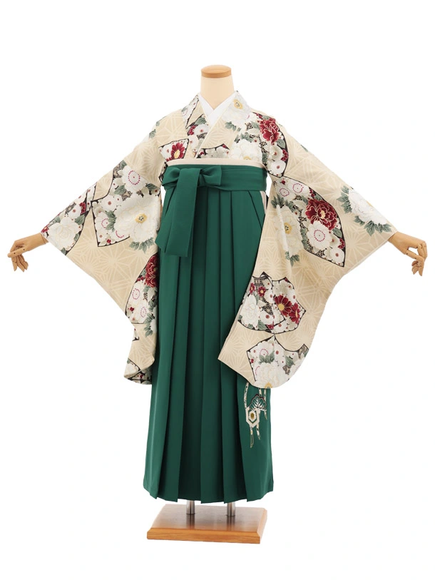 卒業式袴レンタルT512 ベージュぼたん花扇 × グリーン