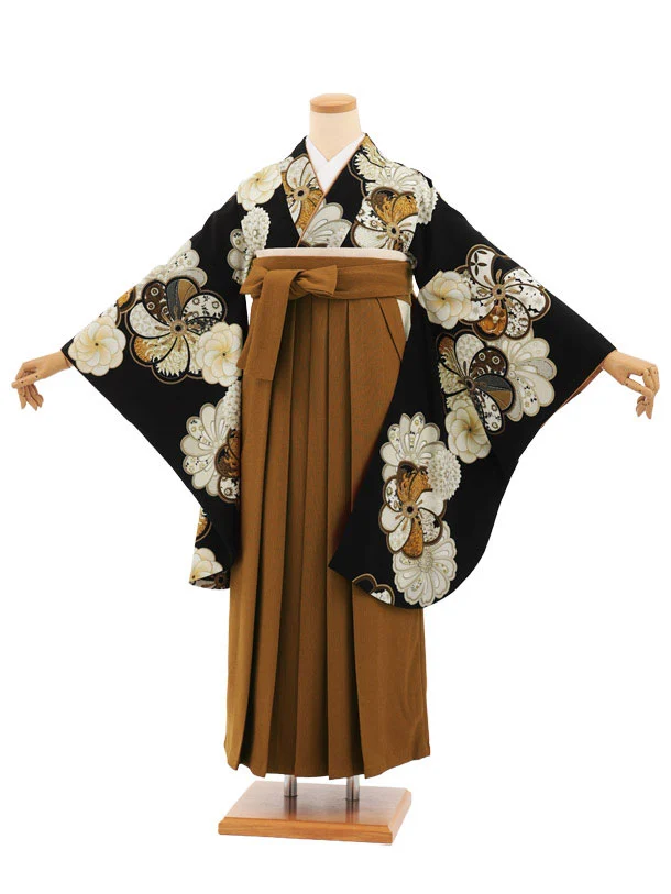 卒業式袴レンタルT514 黒ねじり梅 × キャメルブラウンコーデュロイ