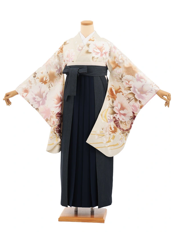 卒業式袴レンタルT526 うすヒワ色芍薬 × デニム