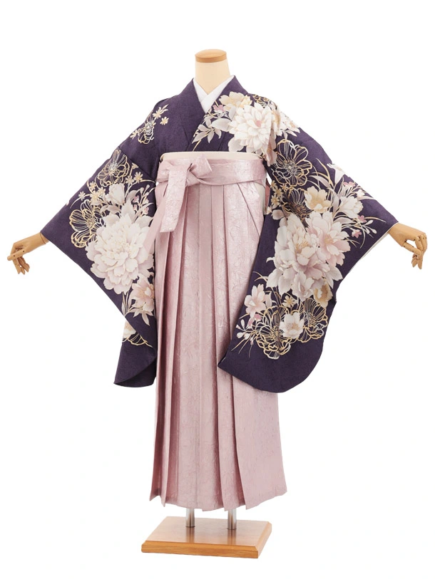 卒業式袴レンタルT536 パープル芍薬 × ピンク ラメ
