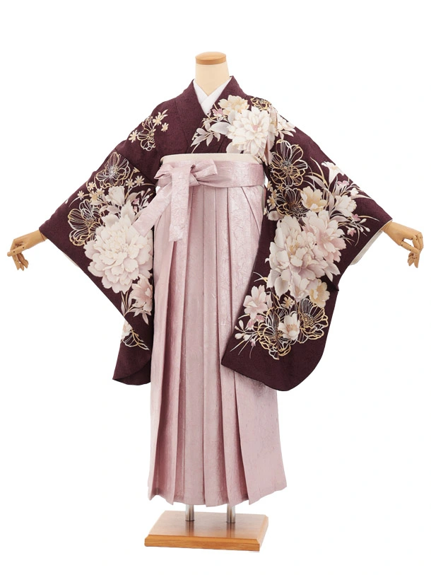 卒業式袴レンタルT538 ダークパープル芍薬 × ピンク ラメ
