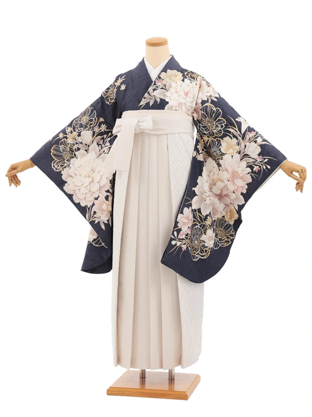 卒業式袴レンタルT543 パープルグレー芍薬 × アイボリーレース