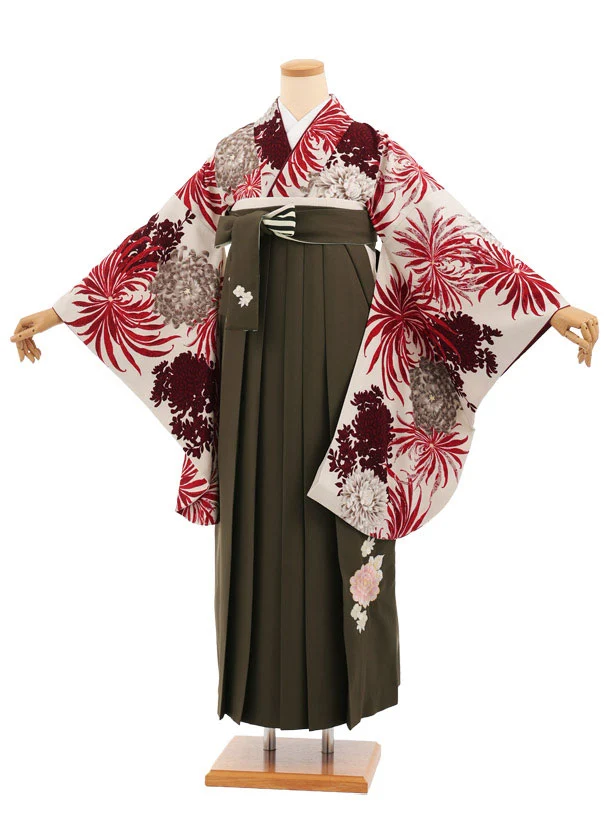 卒業式袴レンタルT544 ベージュ花 × モスグリーン