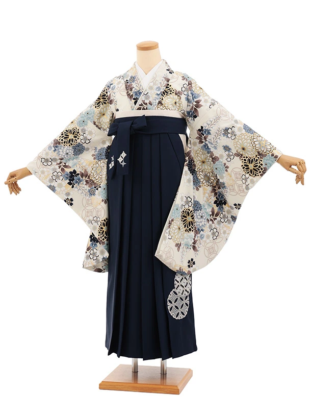 卒業式袴レンタルT545 ATELIE L クリーム 繚乱の花×ネイビー