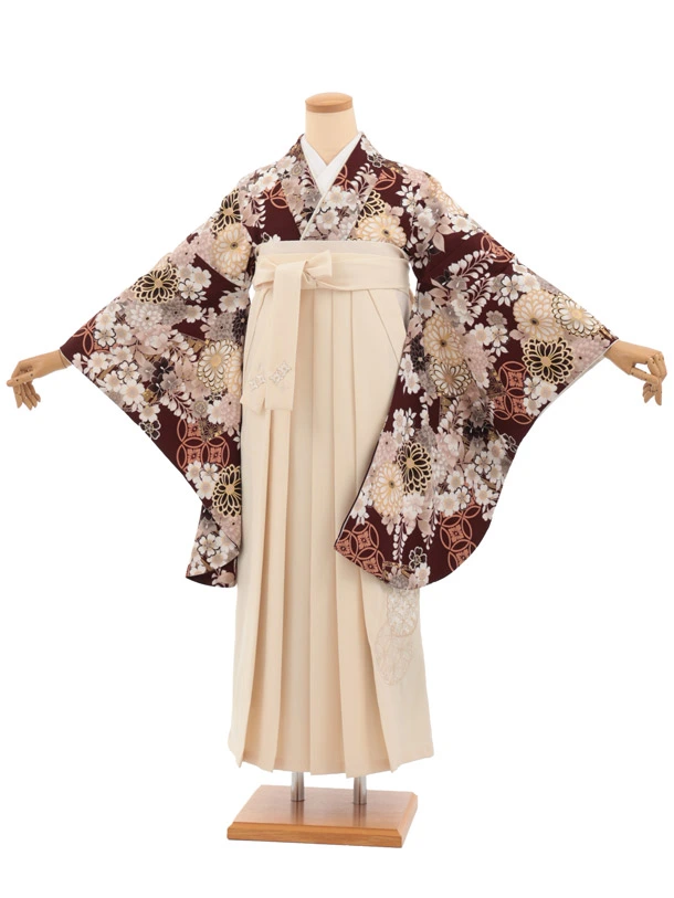 卒業式袴レンタルT547 ATELIE L マホガニー 繚乱の花×クリーム