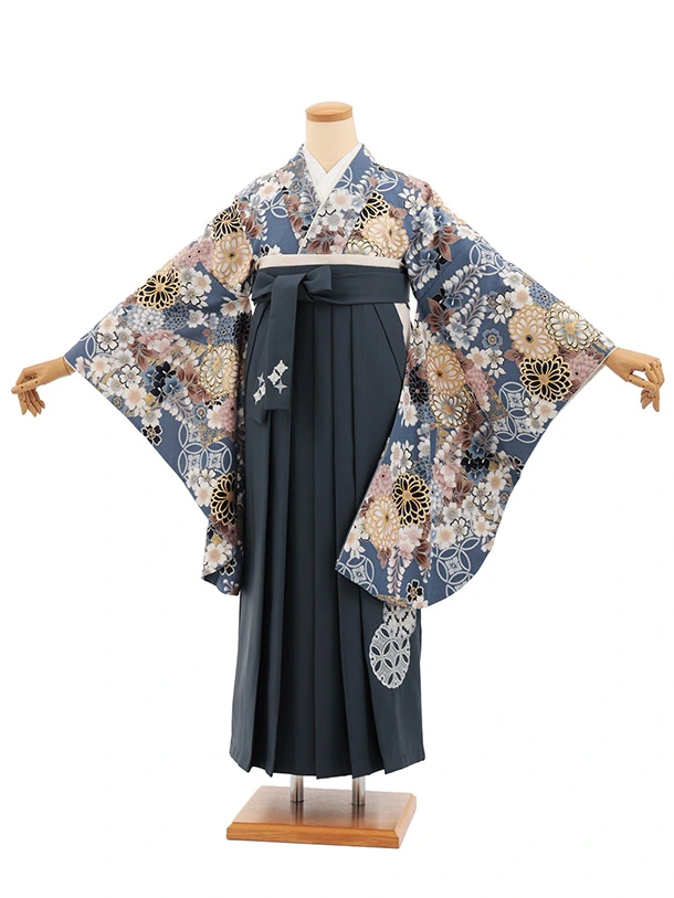 卒業式袴レンタルT550 ATELIE L フォグブルー 繚乱の花×グレー
