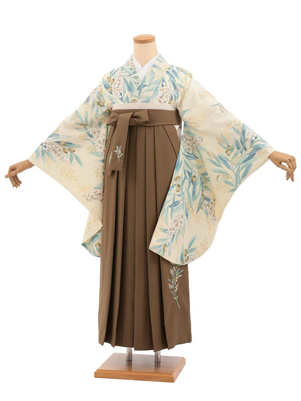卒業式袴レンタルT559 SUGARKEI クリーム色 オリーブの花×ブラウン