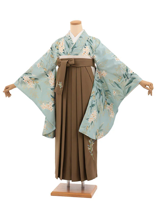 卒業式袴T561 SUGARKEI アイスグリーン オリーブの花×ブラウン